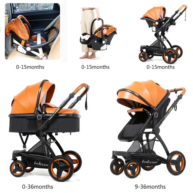 2023 High Landscape Baby Stroller 3 in 1 Luxury Hot Mom Stroller Travel Pram Reversible Baby Trolley Pink Stroller with Car Seat - Thebabycastle