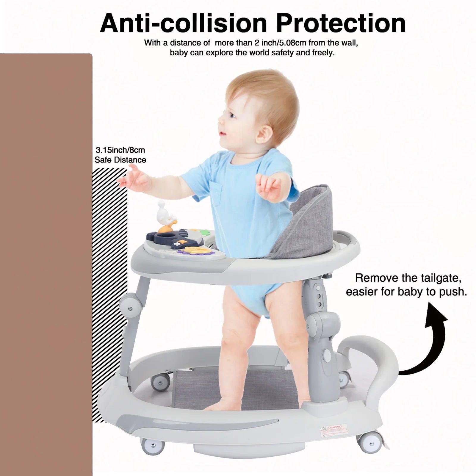 UBRAVOO Foldable Baby Walker with O-shaped legs & multi-function Rollover prevention, 6-18 Months, Adjustable Height, Music Toy - Thebabycastle