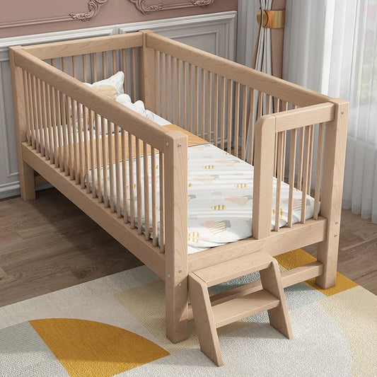 bed splicing big bed heightening single girl with guardrail widening bedside solid wood cot - Thebabycastle